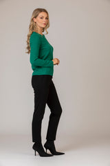 Green Cashmere Jumper with Glitter Epaulets | Esthēme Cachemire at Sarah Thomson | Side profile in Brax trousers