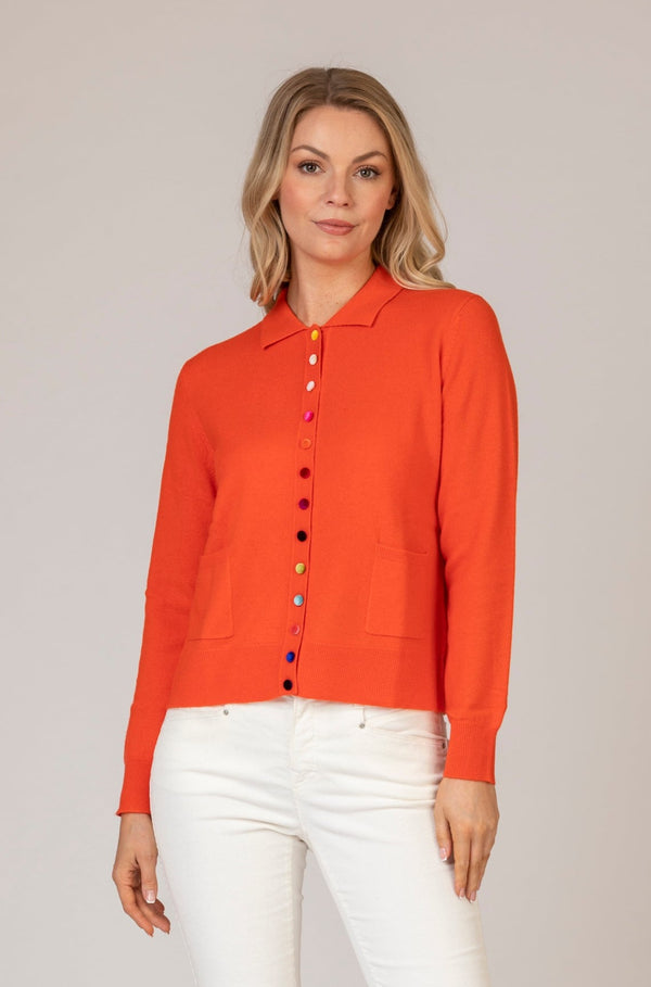 Chilli Cashmere Cardigan with Collar and Multi-Coloured Velvet Buttons | Estheme Cashmere at Sarah Thomson
