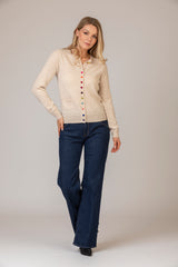 Soft Sand Cashmere Cardigan with Multi-Coloured Velvet Buttons | Estheme Cashmere at Sarah Thomson | Classic womenswear