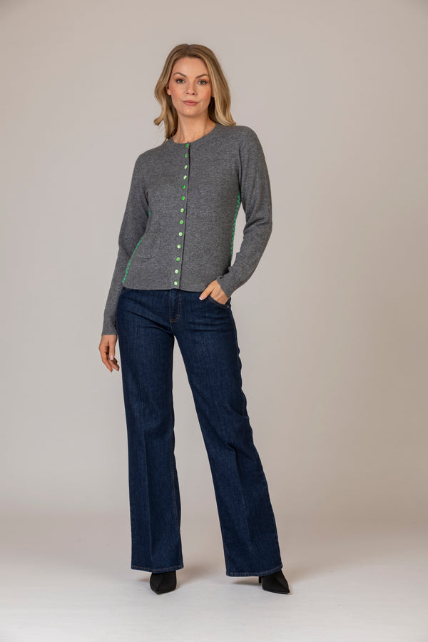 Cashmere Cardigan with Contrast Buttons and Stitching in Grey and Green | Esthēme Cachemire at Sarah Thomson | Styled with Maine jeans from Brax