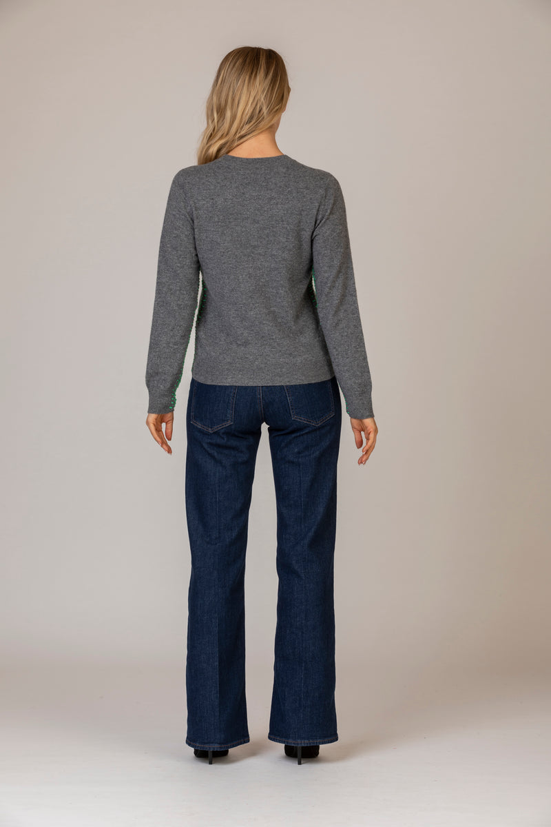 Cashmere Cardigan with Contrast Buttons and Stitching in Grey and Green | Esthēme Cachemire at Sarah Thomson