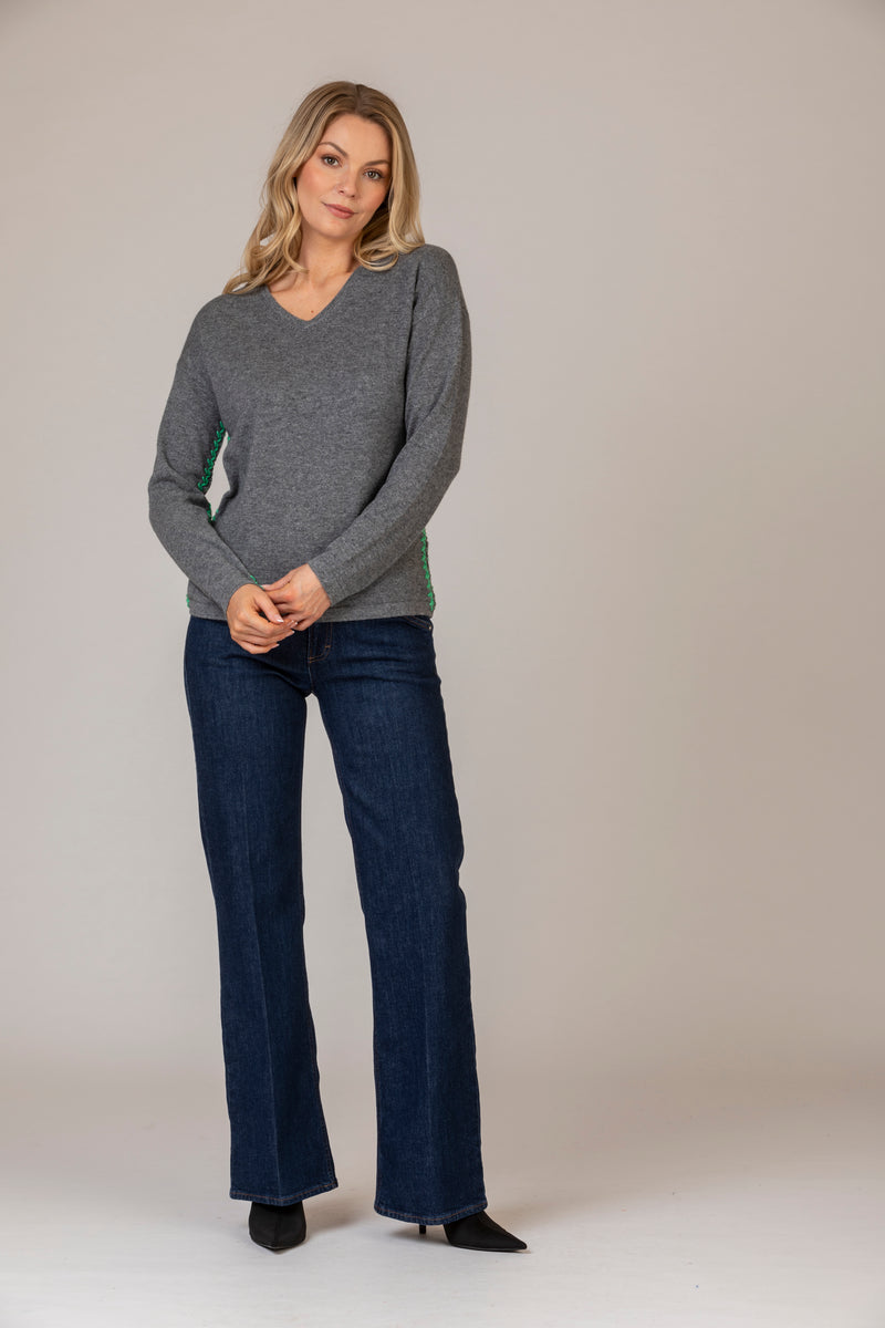 Cashmere V-Neck Jumper with Contrast Stitching in Grey and Green | Estheme Cashmere at Sarah Thomson | New womenswear