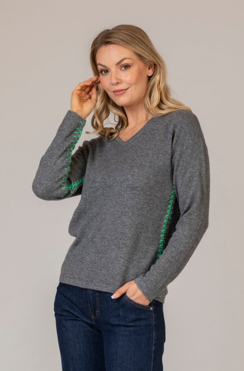 Cashmere V-Neck Jumper with Contrast Stitching in Grey and Green | Estheme Cashmere at Sarah Thomson