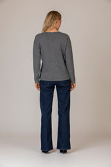 Cashmere V-Neck Jumper with Contrast Stitching in Grey and Green | Estheme Cashmere at Sarah Thomson Melrose | Back of Jumper