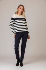 Navy and Cream Stripe Cashmere Jumper | Esthēme Cachemire at Sarah Thomson | Styled with Brax Maron Trousers in Navy