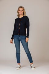 Cashmere Cardigan with Contrast Buttons and Stitching in Navy and Orange | Esthēme Cachemire at Sarah Thomson | Classic ladies fashion | French Knitwear