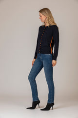 Cashmere Cardigan with Contrast Buttons and Stitching in Navy and Orange | Esthēme Cachemire at Sarah Thomson Melrose 