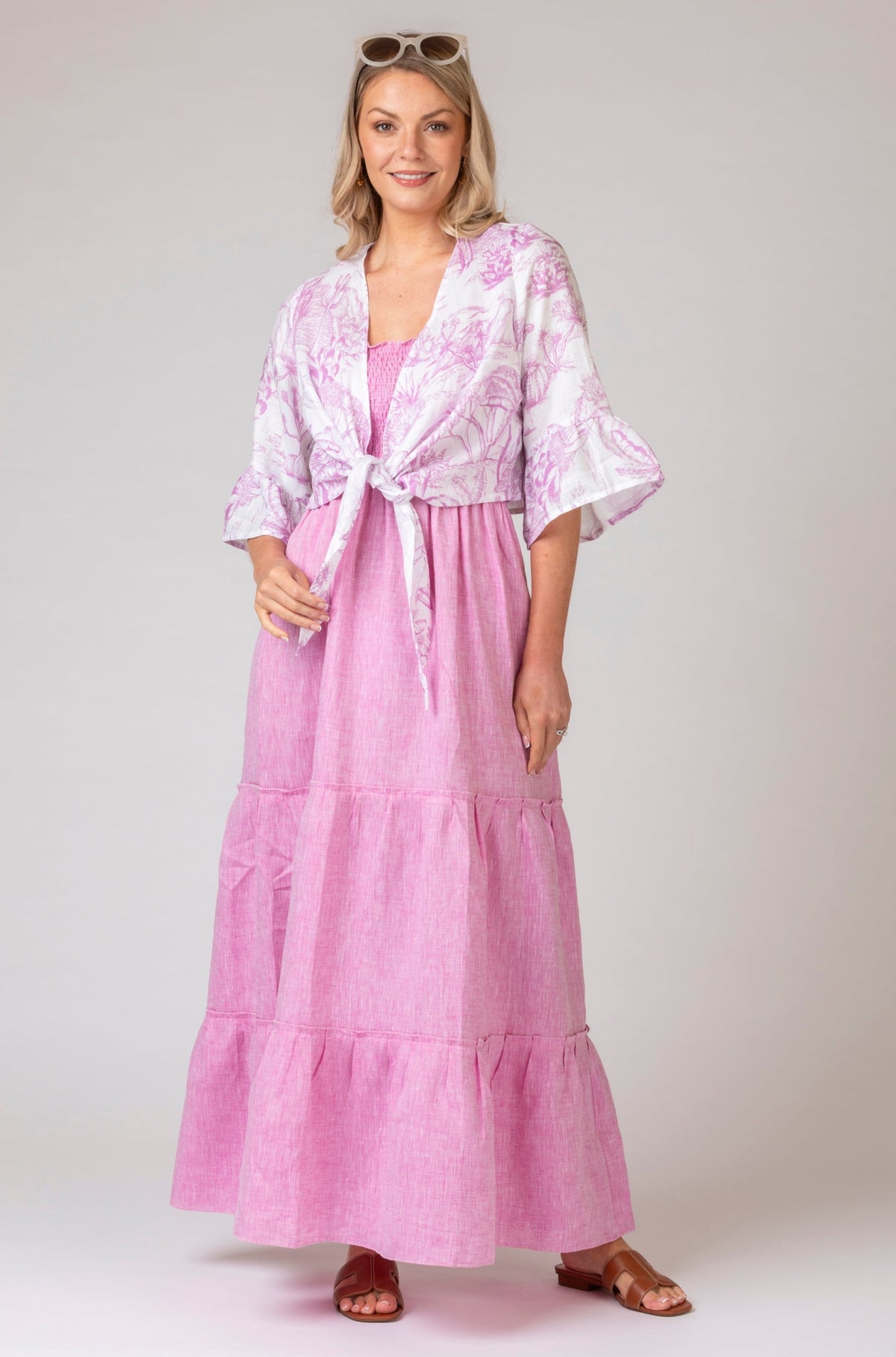 Maxi pink linen dress with tie belt waist 4831