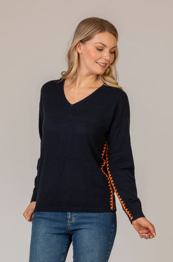 Cashmere V-Neck Jumper with Contrast Stitching in Navy and Orange | Estheme Cashmere at Sarah Thomson