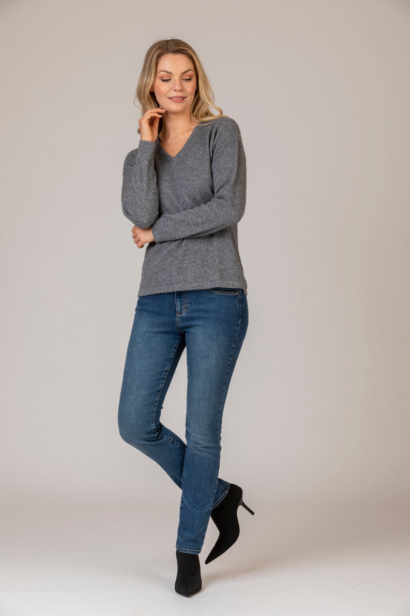 Rainbow Stripe Cashmere Jumper in Grey | Esthēme Cachemire at Sarah Thomson | Styled with classic brax jeans