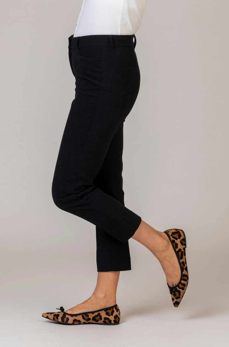 Mara S Navy Textured Velvet Trousers | Brax at Sarah Thomson | Side profile on model