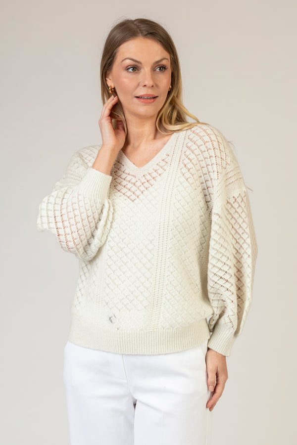 Cream Lurex Cashmere Jumper with Ballon Sleeves | Esthēme Cachemire