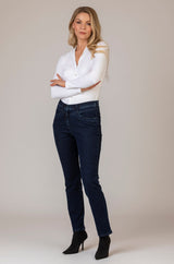 Laura Stretch Jeans | Brax at Sarah Thomson | Styled with boots and white shirt