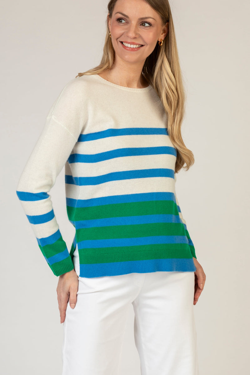 Blue and Green Stripe Cashmere Jumper | Esthēme Cachemire