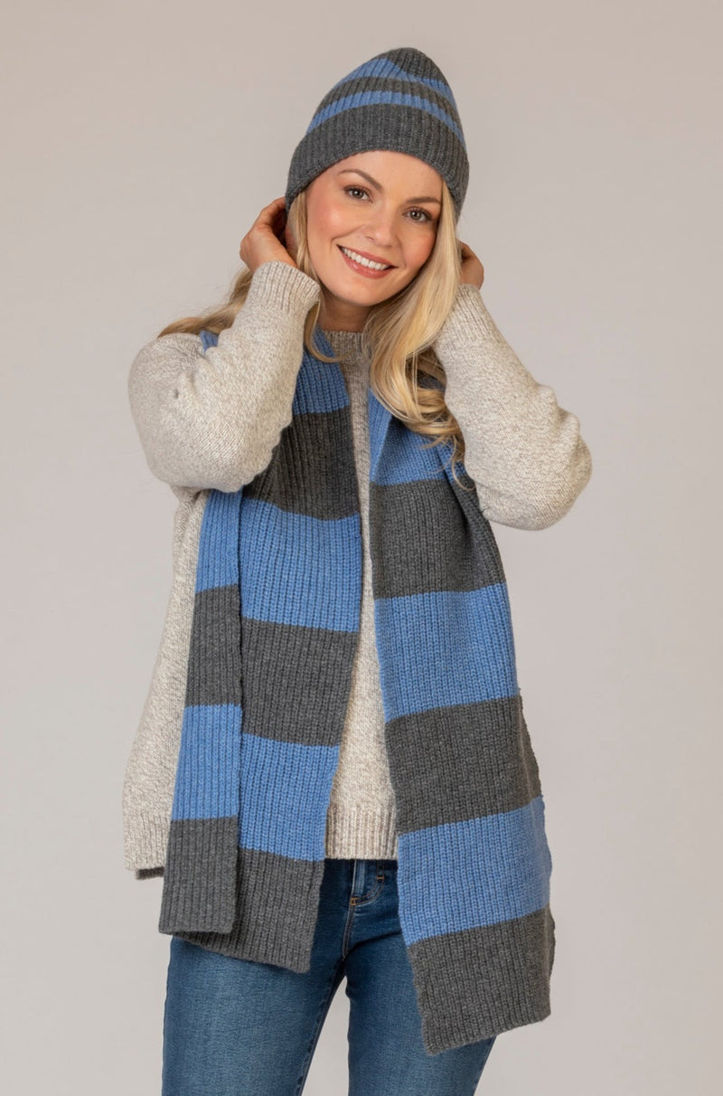 Grey and Blue Ribbed Striped Scarf | Fisherman Out of Ireland | Sarah Thomson | Styled on model
