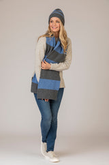 Grey and Blue Ribbed Striped Scarf | Fisherman Out of Ireland | Sarah Thomson | Styled with matching beanie