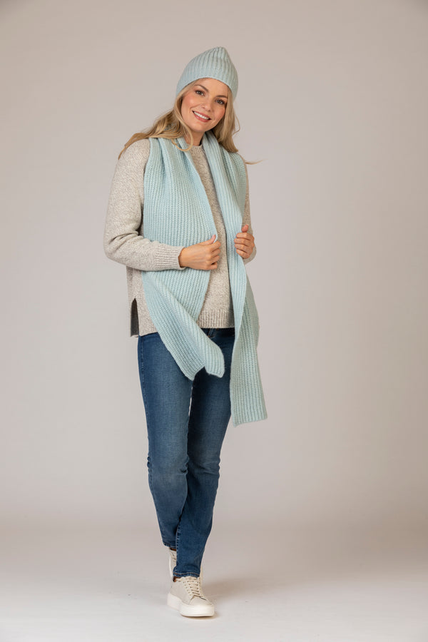 Baby Blue Ribbed Scarf | Fisherman Out of Ireland at Sarah Thomson | Worn with matching beanie