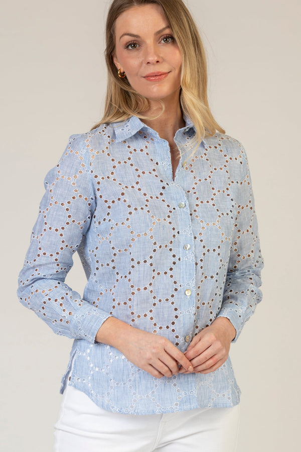 The Blue Broderie Anglaise Linen Shirt | Sartoria Saracena