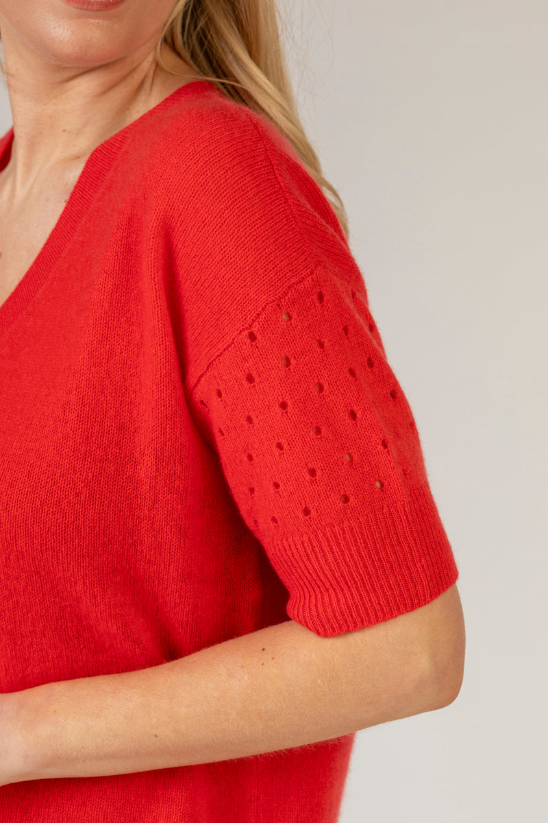 Pointelle Short Sleeve Cashmere Jumper in Red | Esthēme Cachemire