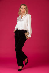 Maine Black Velvet Trousers | Brax at Sarah Thomson | Styled with silk shirt 
