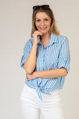 The Millie Blue Stripe Tie Front Linen Shirt | Sartoria Saracena