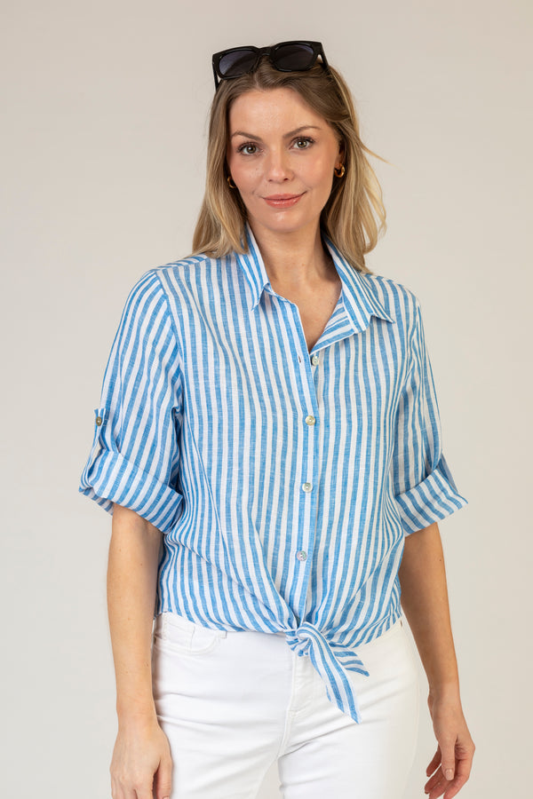 The Millie Blue Stripe Tie Front Linen Shirt | Sartoria Saracena