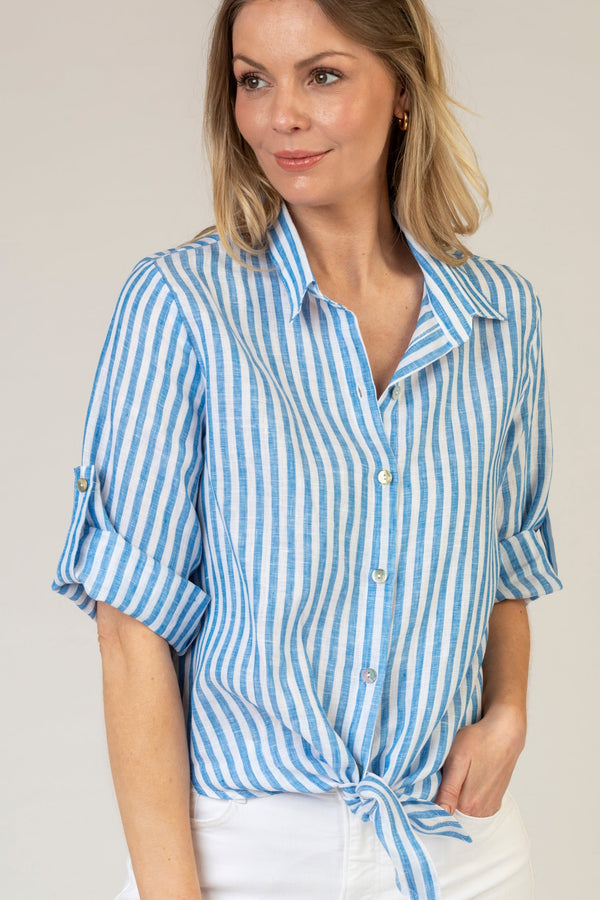 The Millie Blue Stripe Tie Front Linen Shirt | Sartoria Saracena