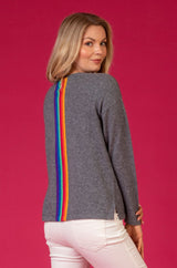 Rainbow Stripe Cashmere Jumper in Grey | Esthēme Cachemire at Sarah Thomson | Pink background | Model wearing jumper