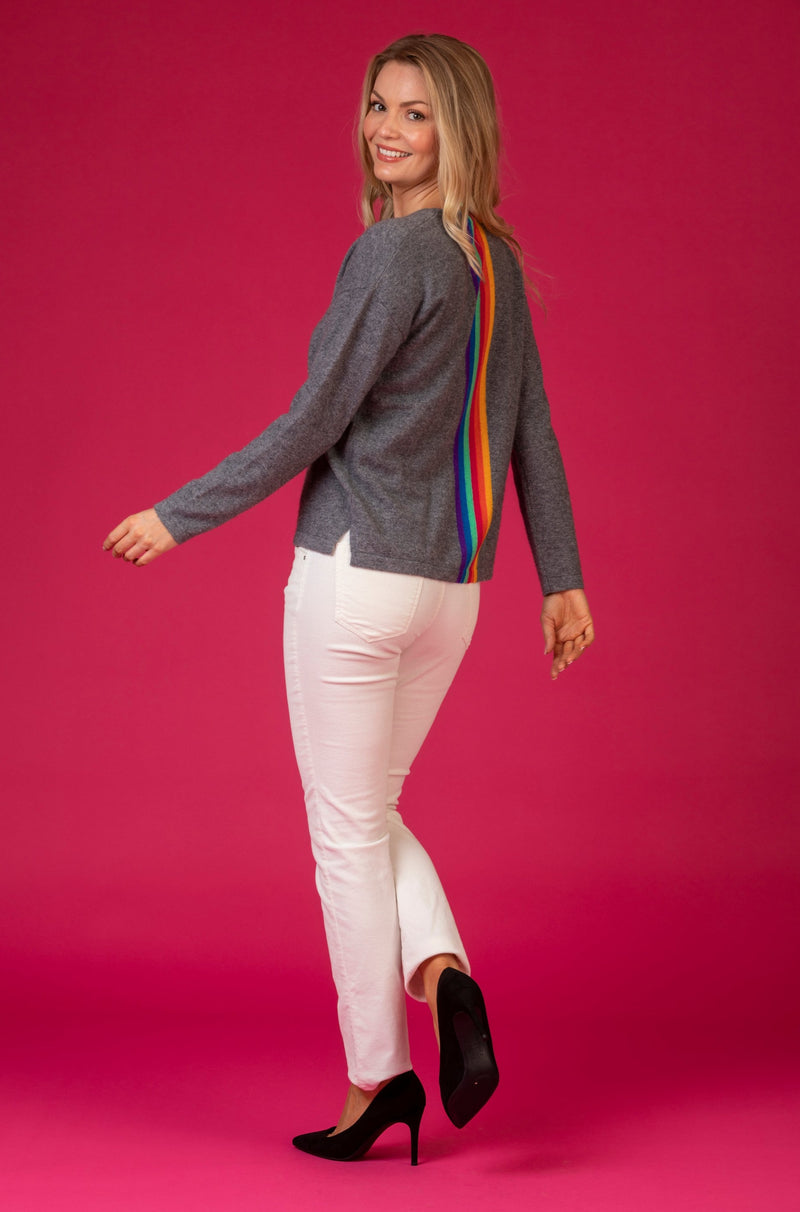 Rainbow Stripe Cashmere Jumper in Grey | Esthēme Cachemire at Sarah Thomson | Styled on model against pink back drop