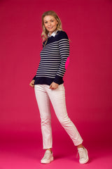 Bregancon Wool Striped Jumper | Saint James at Sarah Thomson | On model against pink background