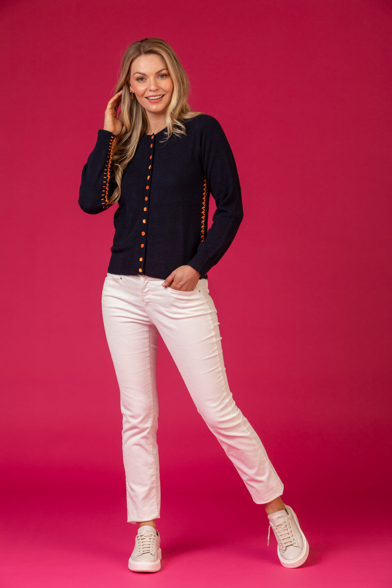 Cashmere Cardigan with Contrast Buttons and Stitching in Navy and Orange | Esthēme Cachemire at Sarah Thomson