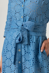 The Mamma Midi Linen Dress in Blue Broderie Anglaise | Sartoria Saracena