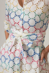 The Mamma Midi Linen Dress in Multi Broderie Anglaise | Sartoria Saracena