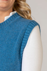 NEW Denim Blue Scottish-Made Geelong Wool Tank Top | Sarah Thomson Knitwear