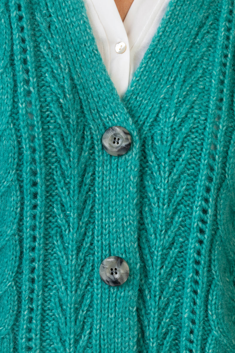 Alpaca Cardigan in Jade Green | Fisherman Out of Ireland at Sarah Thomson | Button details