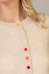 Soft Sand Cashmere Cardigan with Multi-Coloured Velvet Buttons | Estheme Cashmere