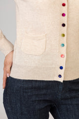 Soft Sand Cashmere Cardigan with Multi-Coloured Velvet Buttons | Estheme Cashmere