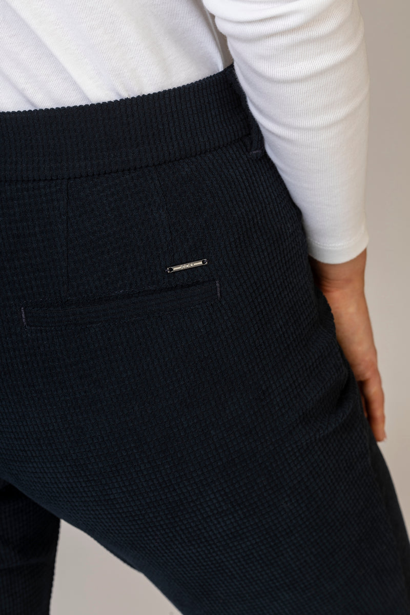 Mara S Navy Textured Velvet Trousers | Brax at Sarah Thomson | Back of trousers details