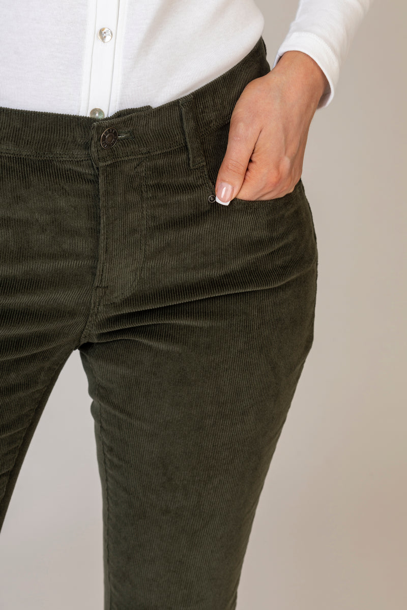 Mary Olive Green Corduroy Trousers | Brax at Sarah Thomson | Front pocket details