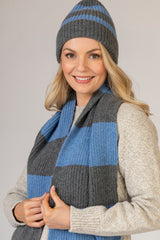 Grey and Blue Ribbed Striped Scarf | Fisherman Out of Ireland | Sarah Thomson | Styled on model | Details of knit