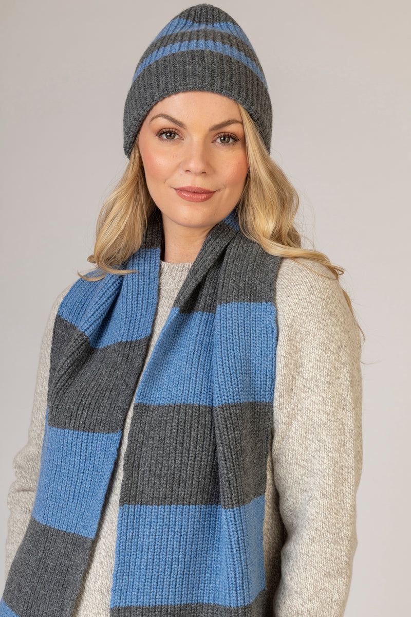 Grey and Blue Striped Beanie | Fisherman Out of Ireland | Styled with scarf | New season colourways