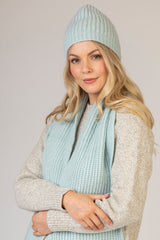 Baby Blue Ribbed Scarf | Fisherman Out of Ireland at Sarah Thomson | Model with matching hat | detail image