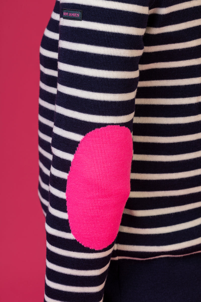 Bregancon Wool Striped Jumper | Saint James at Sarah Thomson | Elbow patch details in fluro pink