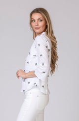 The Embroidered Cactus Linen Shirt | Sartoria Saracena at Sarah Thomson | Model side profile