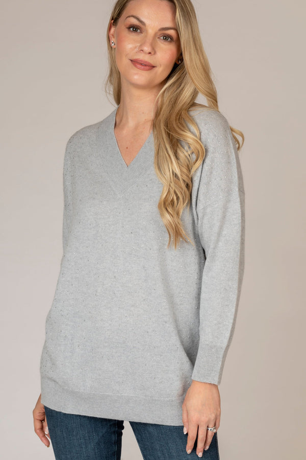 Grey V-Neck Sparkle Cashmere Jumper | Esthēme Cachemire