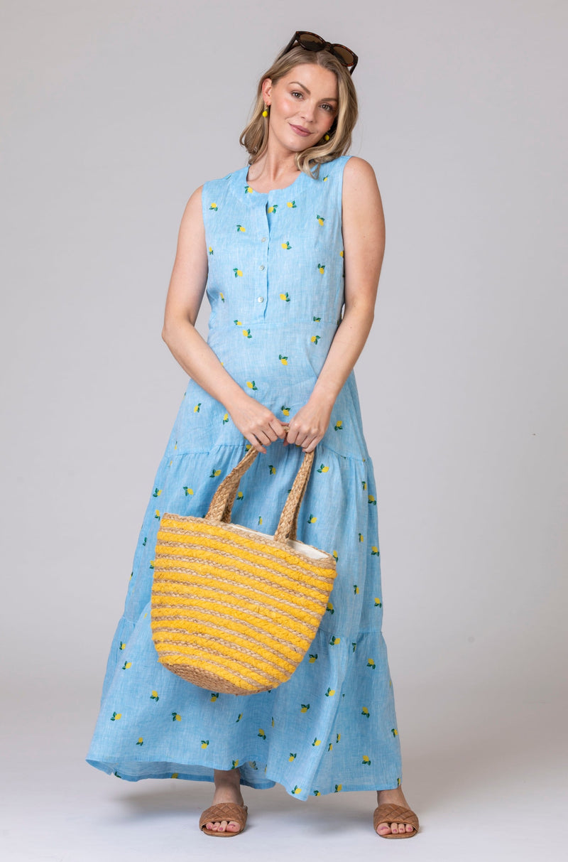 The Lemon Maxi Linen Dress | Sartoria Saracena at Sarah Thomson | Worn with sandals and yellow beach bag