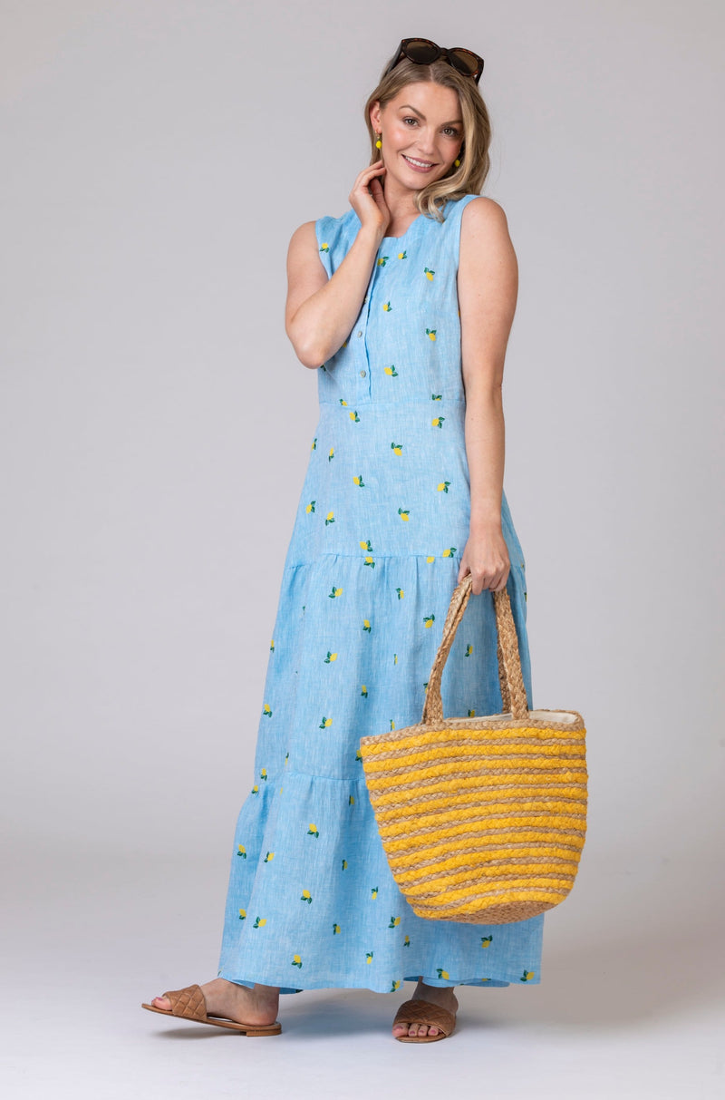The Lemon Maxi Linen Dress | Sartoria Saracena at Sarah Thomson | Styled with beach bag