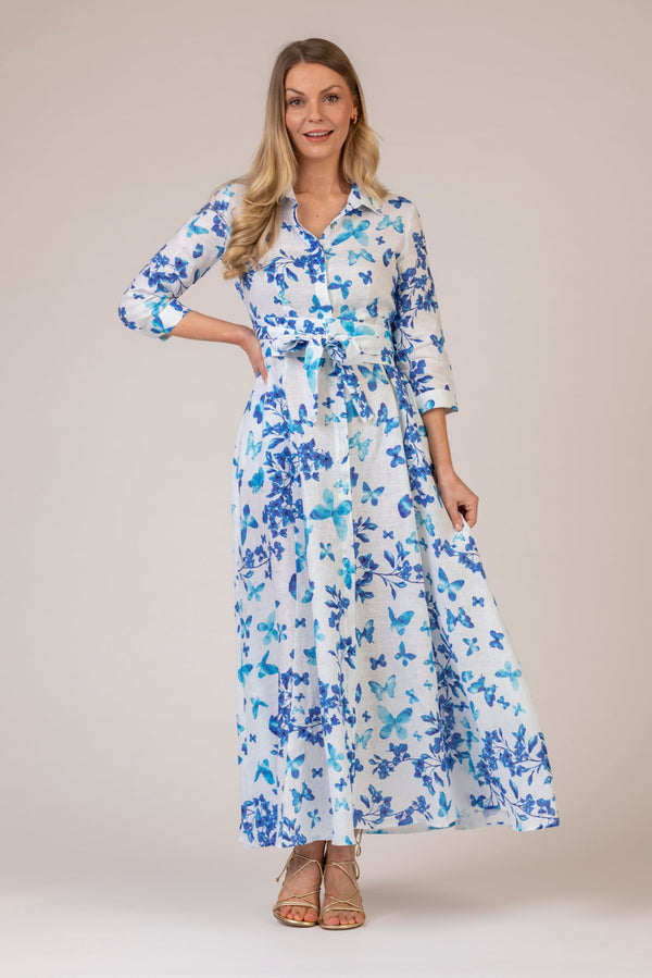 The Blue Butterfly Print Mamma Mia Linen Dress | Sartoria Saracena