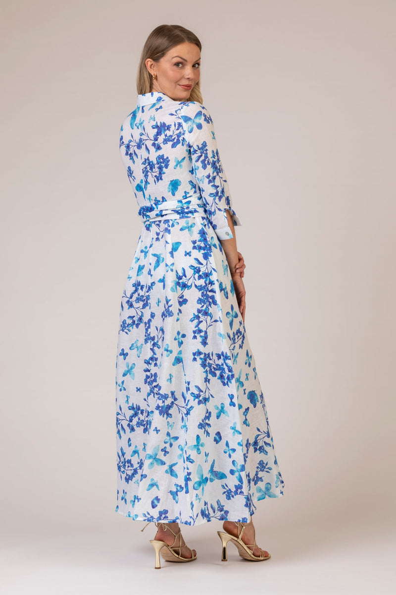 The Blue Butterfly Print Mamma Mia Linen Dress | Sartoria Saracena