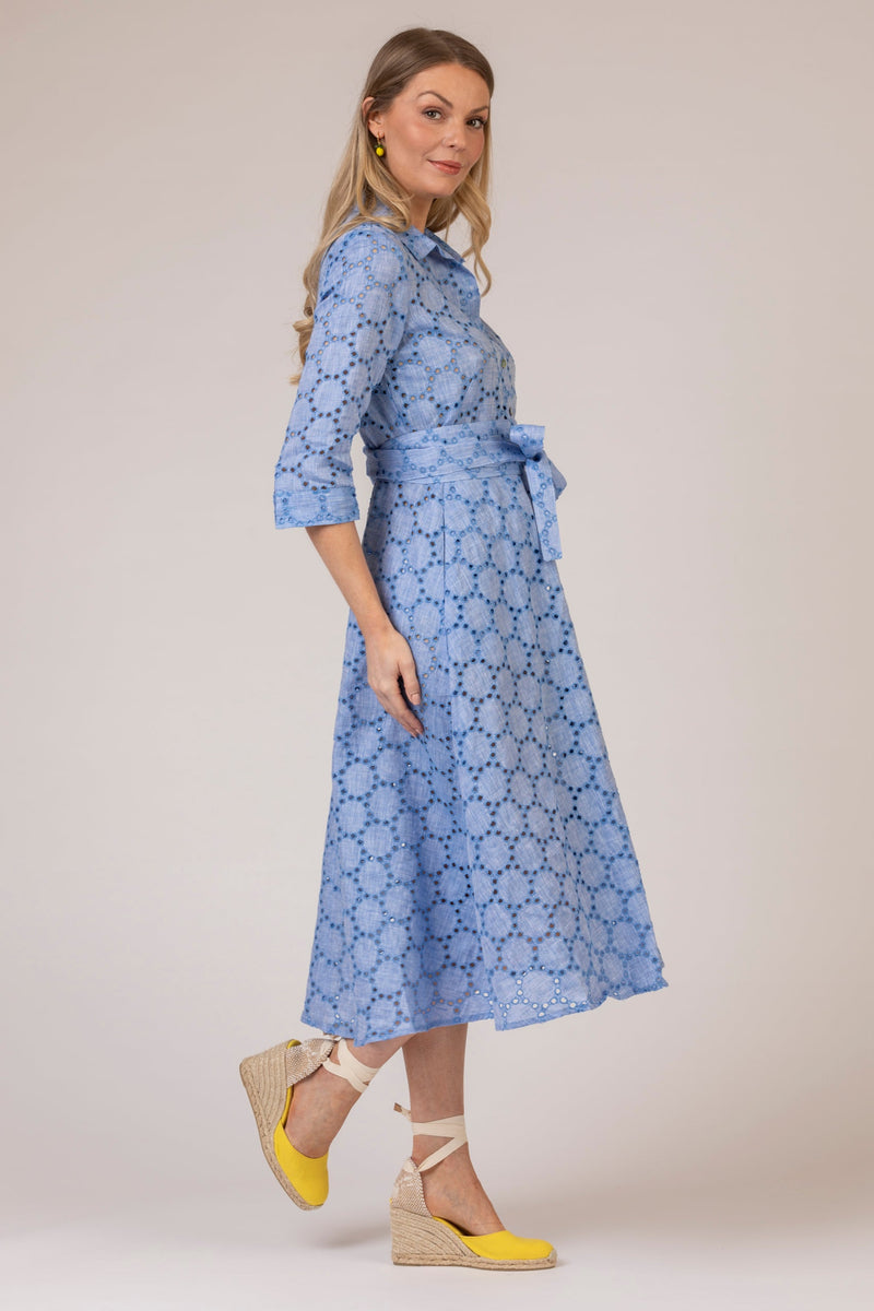 The Blue Broderie Anglaise Mamma Midi Linen Dress | Sartoria Saracena